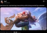 A meme of Rogue holding Gambit. The meme reads, "Well done for maintaining masculinity while being carried by a woman."
