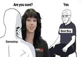 A version of the "cuckjak":https://knowyourmeme.com/memes/cuckjak meme. The meme shows Rilie Huntley, the Best Buy Girl, cheating on Best Buy with GameStop.