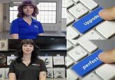 A version of the "Upgrade Button":https://knowyourmeme.com/memes/upgrade-button meme. The meme is about Best Buy Rilie in her Best Buy ad vs. GameStop ad.