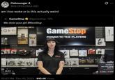 A tweet about Best Buy Riley. It reads, "am i too woke or is this actually weird," referring to GameStop poaching her for an ad.