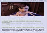 Anonymous 08/19/23(Sat) 18:40:16 No.647834137 OFFERO liz.png 3.45 MB PNG >there is literally a scene in bioshock infinite where elizabeth puts your hand around her throat in an oddly sexual way >this is immiedatly after she awkwardly tries to hold your hand briefly >even before that is the scene where she ditches her previous attire and puts on the lewd outfit her mother wore did the developers just get horny 3/4ths of the way through making this game or what the f--- happened. its like tonal whiplash here with the sudden sexual tension.