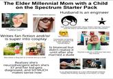 The Elder Millennial Mom with a Child on the Spectrum Starter Pack Husband is an engineer Hair dyed one of the rainbow colors Wears statement glasses Disney Still obsessssssed with Harry Potter/ Disney/ Hamilton and her kid is named after one of the characters Writes fan fiction and/or is super into cosplay Was either a Bug Girl or a Horse Girl as a child Realizes she's neurodivergent when she's 37 and her kid gets diagnosed, and SO MUCH makes sense now "WeLL actuALLY" Constantly correcting and "well actually "ing other people in conversation Is bisexual but didn't realize it until after she married a dude Teacher's pet as a child but had very few friends Is an absolute beast at a very left-brained creative hobby like knitting, sewing, cross-stitch, or Lego