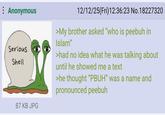 : Anonymous Serious Shell 12/12/25(Fri)12:36:23 No.18227320 >My brother asked "who is peebuh in Islam" >had no idea what he was talking about until he showed me a text >he thought "PBUH" was a name and pronounced peebuh 87 KB JPG