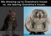Me showing up to Grandma's house vs. me leaving Grandma's house...