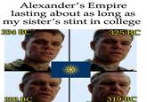 Alexander's Empire lasting about as long as my sister's stint in college 334 BC 325 BC 323 BC 319 BC