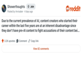 Showerthoughts + Join Posted by Anvisaber 4 days ago reddit Due to the current prevalence of Al, content creators who started their career within the last five years are at an inherent disadvantage since they don't have pre-Al content to fight accusations of their content bei... 3.2K upvotes Comment Copy link View 82 comments