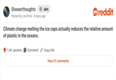 Showerthoughts + Join reddit Posted by zav3rmd 6 days ago Climate change melting the ice caps actually reduces the relative amount of plastic in the oceans. 1.4K upvotes Comment Copy link View 51 comments