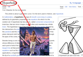*A 74 languages Read Edit View history Tools Hyperbola Article Talk From Wikipedia, the free encyclopedia This article is about a geometric curve. For the term used in rhetoric, see Hyperbole. In mathematics, a hyperbola is a type of smooth curve lying in a plane, defined by its geometric properties or by equations for which it is the solution set. A hyperbola has two pieces, called connected components or branches, that are mirror images of each other and resemble two infinite bows. The hyperbola is one of the three kinds of conic section formed by the intersection of a plan the parabola and the ellip plane intersects both hal the apex of the cones, th Besides being a conic se whose difference of dista each point of which the r tangent line at that point, equations such as the re applications, a hyperbola tions are If the hrough f points ve for the ratic dow of the tip of a sundial's gnomon, the shape of an open orbit such orbit such as that of a A hyperbola is an open curve with 5