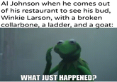 Al Johnson when he comes out of his restaurant to see his bud, Winkie Larson, with a broken collarbone, a ladder, and a goat: u/Khantlerpartesar WHAT JUST HAPPENED?