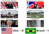 Trump loses election Bolsonaro loses election Incites January 6 riot UM B------- TRU You Incites January 8 riot DUB Is given a second term and no prison time Is given a prison sentence USA - O Brazil - 1