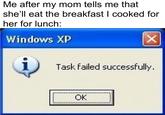 Me after my mom tells me that she'll eat the breakfast I cooked for her for lunch: Windows XP Task failed successfully. OK