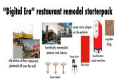 "Digital Era" restaurant remodel starterpack BAMENAGERS 24 HAMENDATO 00 BURGER KING FLANE GRILLING INCLINA some corny slogan on the exterior McDonald's McDonald's HAMBURGERS We have Sold OVER 1 MILLION horrifically minimalistic exterior and interior old photos of their restaurant plastered all over the wall these tables These chairs touchscreen soda machines flat colors wooden tiling