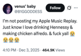 A "tweet":https://knowyourmeme.com/memes/sites/twitter-x about the "slang":https://knowyourmeme.com/memes/internet-slang term "Chicken Alfredo Music."