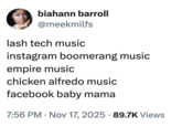 A "tweet":https://knowyourmeme.com/memes/sites/twitter-x about the "slang":https://knowyourmeme.com/memes/internet-slang term "Chicken Alfredo Music."