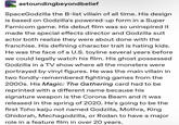 astounding beyond belief SpaceGodzilla the B-list villain of all time. His design is based on Godzilla's powered-up form in a Super Famicom game. His debut film was so uninspired it made the special effects director and Godzilla suit actor both realize they were about done with the franchise. His defining character trait is hating kids. He was the face of a U.S. toyline several years before we could legally watch his film. His ghost possessed Godzilla in a TV show where all the monsters were portrayed by vinyl figures. He was the main villain in two fondly-remembered fighting games from the 2000s. His Magic: The Gathering card had to be reprinted with a different name because his signature weapon is the Corona Beam and it was released in the spring of 2020. He's going to be the first Toho kaiju not named Godzilla, Mothra, King Ghidorah, Mechagodzilla, or Rodan to have a major role in a feature film in over 20 years.