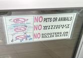 ®© NO PETS OR ANIMALS NO NO WITHOUT SHIRTS SCOOTERS OR ROLLER SKATES