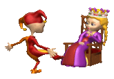 A piece of 3D clipart by Animation Factory. It shows a jester dancing for a bored queen.
