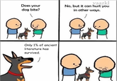 Does your dog bite? vaazkl No, but it can hurt you in other ways. Only 1% of ancient literature has survived. NO