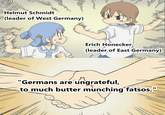Helmut Schmidt (leader of West Germany) Erich Honecker (leader of East Germany) "Germans are ungrateful, to much butter munching fatsos."