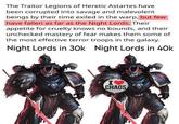 The Traitor Legions of Heretic Astartes have been corrupted into savage and malevolent beings by their time exiled in the warp, but few have fallen as far as the Night Lords. Their appetite for cruelty knows no bounds, and their unchecked mastery of fear makes them some of the most effective terror troops in the galaxy. Night Lords in 30k Night Lords in 40k I CHAOS