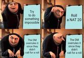 imgflip.com Try to do something impossible Roll a NAT 20 The DM overrules it since they didn't call for a roll The DM overrules it since they didn't call for a roll
