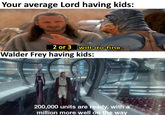 Your average Lord having kids: 2 or 3 will do fine. Walder Frey having kids: 200,000 units are ready, with a million more well on the way