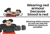 Wearing red armour because blood is red Wearing white armour so you can see the blood as clearly as possible
