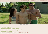 Anonymous 12/23/25(Tue)12:21:01 No.83464936 365 KB JPG >f---- a girl >gets f----- by a guy >masturbates into a peach >gets cucked What was the point of this movie?
