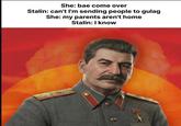 She: bae come over Stalin: can't I'm sending people to gulag She: my parents aren't home Stalin: I know