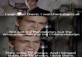 I watched them. I watched them all Not just the Mandalorian, but the Womandalorian and the Childrendalorian They were TV shows. And I binged them like TV shows. I love them.