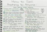 How to Sell Anything to Anyone : Stop Selling. Start Helping. Lead With Curiosity ? In sales is best to ask open-ended questions: "What are you looking to achieve?" Tell me about your current situation "What made you book this call?" Listen and make mental notes. Clarify Their Challenges Some great follow-up questions: Tell me more about your situation" "what happens if this doesn't get solved?" How long has this been an issue?" "what impact does that have on your life?" Co-Create Their Ideal Outcome Help them paint a picture of what Success looks like: what's the ultimate goal here?" 3" what would this allow you to do?" This creates a vision they're emotionally invested in. No Manipulation I never use: Fake scarcity Only 2 spots left!" False urgency "Price doubles tomorrow!" Be radically honest about your solution. Contrast Cost of Inaction Vs Investment Most people are afraid of maining a change. Ask them: "If nothing changes, where will you be in 6 months?" ①"What would inaction cost you?" ⑥Present Your Solution As The Bridge After going through the steps, transition into the bridge: "Based on what you've shared, I think I can help because of my experience in [solving their problem. Here's how we'd get you to Ctheir ideal outcome]."