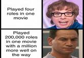 Played four roles in one movie Played 200,000 roles in one movie with a million more well on the way