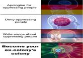 Apologise for oppressing people Deny oppressing people Write songs about oppressing people Become your ex-colony's colony