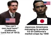 "You can't own land here!" (California Land Act of 1913) imgflip.com Japanese Americans managing to produce 1/3 of California's market crops by 1940