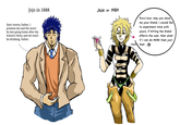 Jojo in 1888 Jojo in 1989 Don't worry, Father, I promise me and Dio won't be late going home after thy School's Party, and we won't be drinking, Father. wwwwww Pucci-kun, may you show me your Stand, I would like to experiment mine with yours, if hitting the Stand effects the user, then what if I can do MORE than just that... B 0
