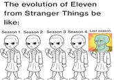 The evolution of Eleven from Stranger Things be like: Season 1 Season 2 Season 3 Season 4 Last season: