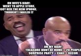 ON WIFE'S BDAY: WENT TO APPLE STORE, GOT HER THE NEW IPHONE. THOUGHT I NAILED IT imgflip.com ON MY BDAY: TREASURE HUNT AT HOME +20 PEOPLE SURPRISE PARTY + CAKE + DECOR