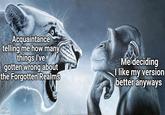 Acquaintance telling me how many things I've gotten wrong about the Forgotten Realms Me deciding I like my version better anyways imgflip.com