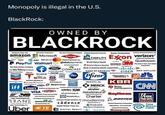 Monopoly is illegal in the U.S. BlackRock: OWNED BY BLACKROCK mical Company Fidelity National Financial Exxon Corporation FIDELITY globalpayments Myer Squib amazon Microsoft Dow PayPal Walmart COMCAST facebook The Walt Disney Company The Day Chevron Xcel Energy Bristol Myers Squibb Exon verizon 3M Bank of America (BofA) Corporation 11.1|10 BANK OF AMERICA PG Pfizer Qualcomm CISCO BNY MELLON мостиков GRUMMAN KBR HOME MSNBC CAN MERCK INSTRUMENTS stryker T/FOX NETFLIX iff Lowe's VISA DUPONT TRANE TECHNOLOGIES Uber TE AstraZeneca Raytheon MARVELL Charter moderna BEING cadence Digital Realty Trust Inc. Prudential DIGITAL REALTY Honeywell NEWS Time Warner Cable