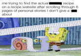 me trying to find the actual recipe on a recipe website after scrolling through 6 pages of personal stories I don't give a about w/evan_lolz