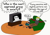 Who is the most oppresed group in society? Young sensitive and slightly perverse men between the ages of 14 and 35! (Chuds...)