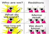 Who are we? Redditors What do we want? Meme reset How long will this stay? We don't know