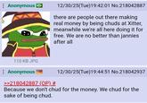 Anonymous > 12/30/25(Tue)19:42:01 No.218042887 there are people out there making real money by being chuds at Xitter, meanwhile we're all here doing it for free. We are no better than jannies after all 110 KB JPG : Anonymous >>218042887 (OP) # 12/30/25(Tue)19:44:51 No.218042937 Because we don't chud for the money. We chud for the sake of being chud.