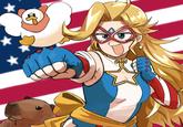 The name of the duck is Diva and is in the Kamen America comic itself as Kimiko(Kamen Ramen)'s pet.
Diva the Duck is a direct reference to Little Nuns And Ducks.
Diva also really hates Sylvia(Kamen Victory) and will attack her on site.

*SHUBA*
*SHUBA*
*SHUBA!*