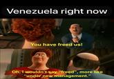 Venezuela right now You have freed us! Oh, I wouldn't say "freed", more like "under new management."