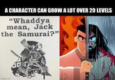 A CHARACTER CAN GROW A LOT OVER 20 LEVELS "Whaddya mean, Jack the Samurai?" imgflip.com