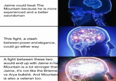 Jaime could beat The Mountain because he is more experienced and a better swordsman This fight, a clash between power and elegance, could go either way A fight between these two would end up with Jaime in half. Mountain is a lot stronger than Jaime, it's not like the Brienne vs Arya b-------. And Mountain is also a veteran too.