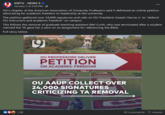 9 KWTV - NEWS 9 ❤ January 2 at 5:02 PM · → OU's chapter of the American Association of University Professors said it delivered an online petition advocating for academic freedom to leadership at the university. The petition gathered over 24,000 signatures and calls on OU President Joseph Harroz Jr. to "defend OU instructors and academic freedom" on campus. This follows the removal of graduate teaching assistant Mel Curth, who was terminated after a student claimed the TA gave her a zero on an assignment for referencing the Bible. Full story below. 6 1.8K OU PROFESSORS DELIVER PETITION ON ACADEMIC FREEDOM OU AAUP COLLECT OVER 24,000 SIGNATURES CRITICIZING TA REMOVAL 1K comments 71 shares