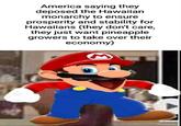 America saying they deposed the Hawaiian monarchy to ensure prosperity and stability for Hawaiians (they don't care, they just want pineapple growers to take over their economy)