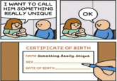 I WANT TO CALL HIM SOMETHING REALLY UNIQUE OK CERTIFICATE OF BIRTH NAME Something Really Unique DATE OF BIRTH.